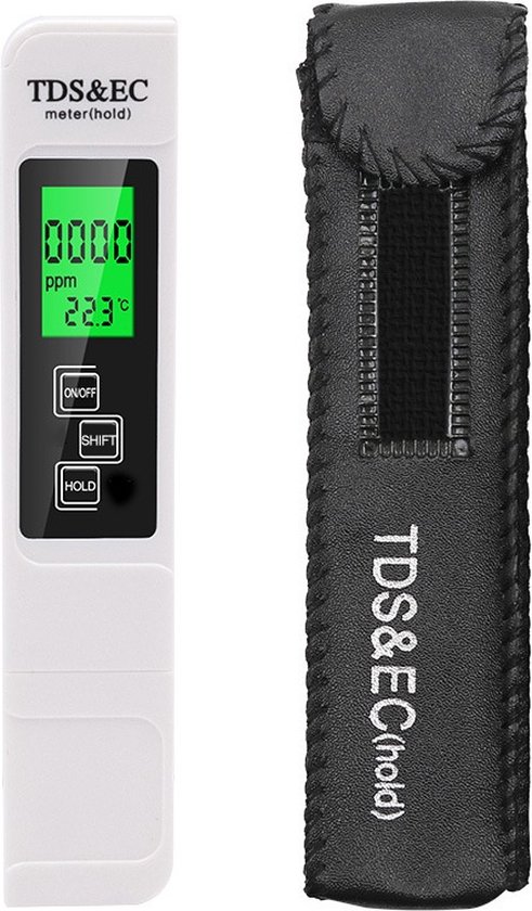 FOLQON Digitale TDS - EC en Temperatuur Meter - Incl. Batterij - Watertester - Voor Zwembad, Aquarium, Drinkwater - Multifunctioneel - Wit